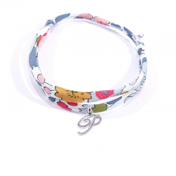 Bracelet initiale argent et tissu liberty fleurs lettre anglaise P