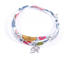 Bracelet initiale argent et tissu liberty fleurs lettre anglaise R