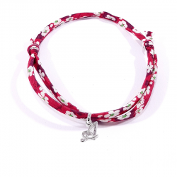 Bracelet initiale argent et tissu liberty fleurs rouge lettre anglaise A