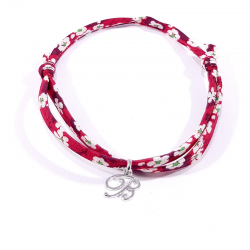 Bracelet initiale argent et tissu liberty fleurs rouge lettre anglaise B