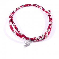 Bracelet initiale argent et tissu liberty fleurs rouge lettre anglaise G