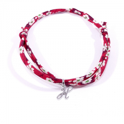 Bracelet initiale argent et tissu liberty fleurs rouge lettre anglaise H