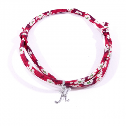 Bracelet initiale argent et tissu liberty fleurs rouge lettre anglaise K