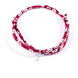 Bracelet initiale argent et tissu liberty fleurs rouge lettre anglaise T