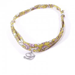 Bracelet initiale argent et tissu liberty fleurs vert jaune lettre anglaise D