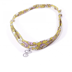 Bracelet initiale argent et tissu liberty fleurs vert jaune lettre anglaise E