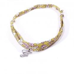 Bracelet initiale argent et tissu liberty fleurs vert jaune lettre anglaise G