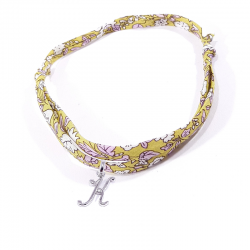 Bracelet initiale argent et tissu liberty fleurs vert jaune lettre anglaise K