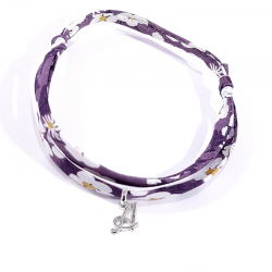 Bracelet initiale argent et tissu liberty fleurs violet lettre anglaise A