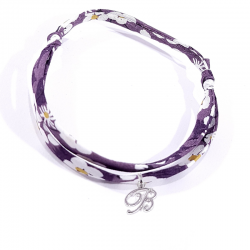 Bracelet initiale argent et tissu liberty fleurs violet lettre anglaise B