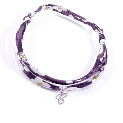 Bracelet initiale argent et tissu liberty fleurs violet lettre anglaise C