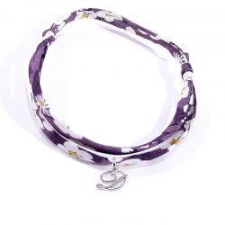 Bracelet initiale argent et tissu liberty fleurs violet lettre anglaise D