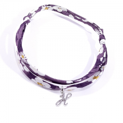 Bracelet initiale argent et tissu liberty fleurs violet lettre anglaise H