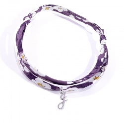 Bracelet initiale argent et tissu liberty fleurs violet lettre anglaise J