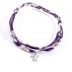 Bracelet initiale argent et tissu liberty fleurs violet lettre anglaise U