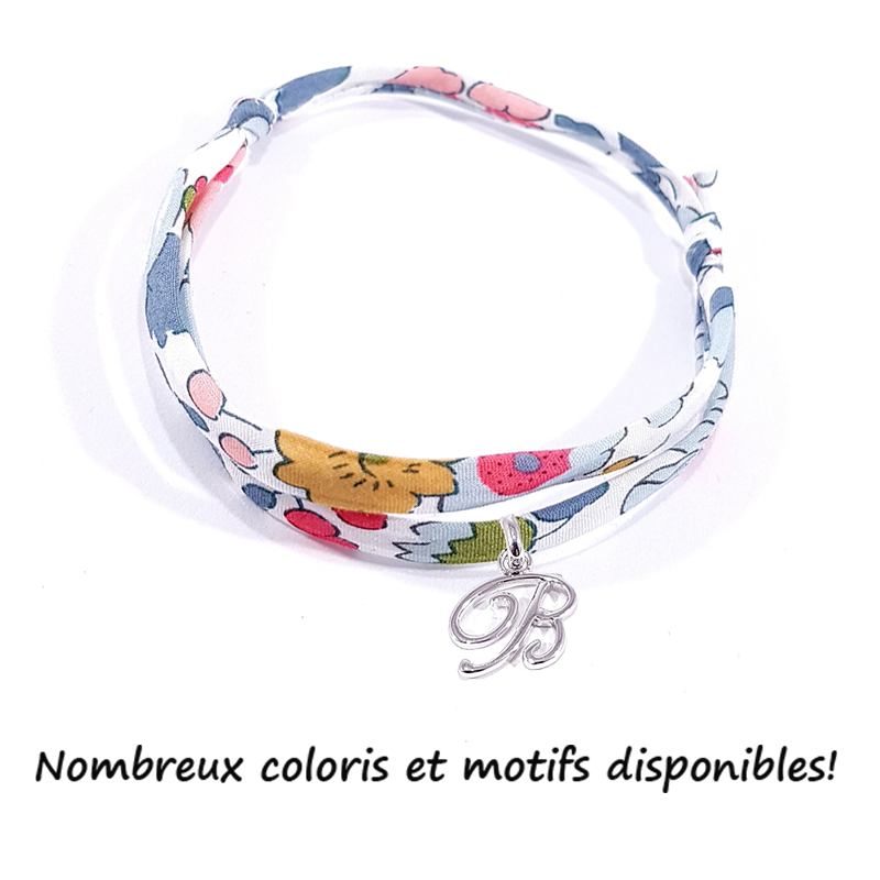 Bracelet initiale argent et tissu liberty lettre anglaise disponible dans de nombreux coloris