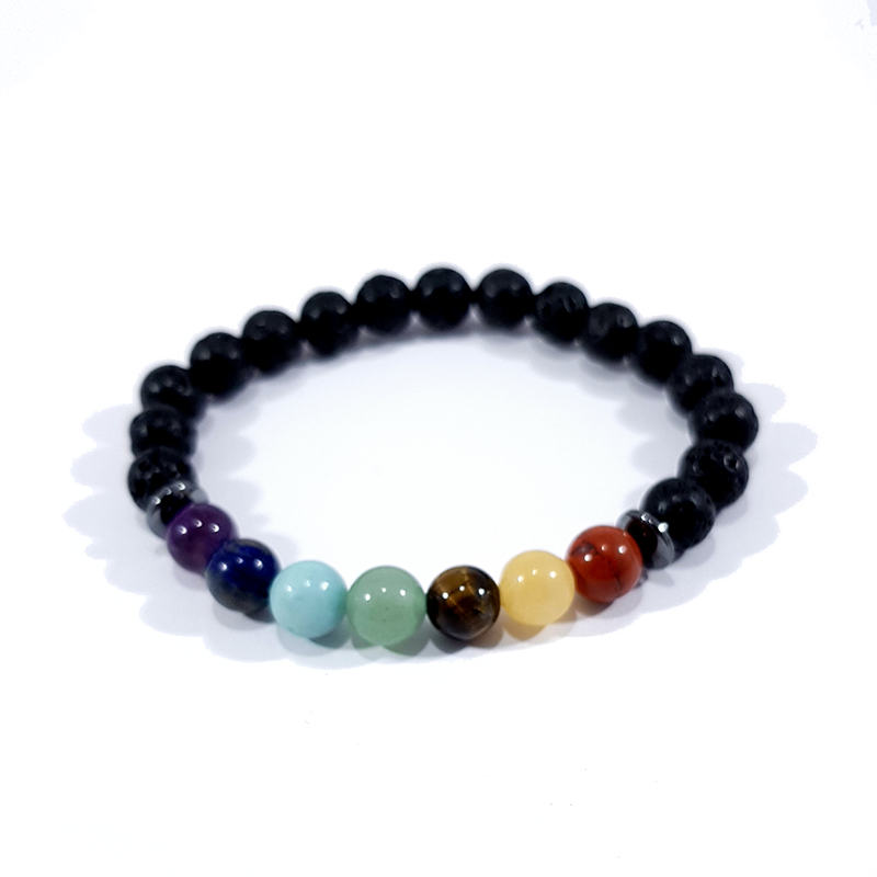 Bracelet 7 chakras multicolore en pierre naturelle et pierre de lave noire