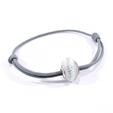 bracelet cordon gris et charm murano gris pailleté