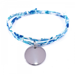 Bracelet tissu liberty bleu cristal et médaille acier ronde à graver