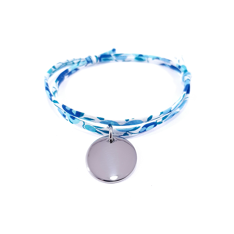 Bracelet tissu liberty bleu cristal et médaille acier ronde à graver