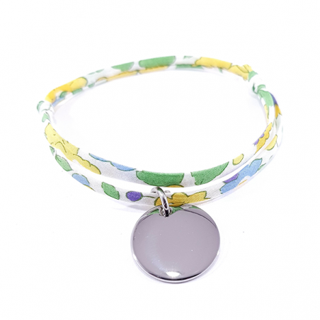 Bracelet personnalisé tissu liberty motif floral et médaille acier ronde à graver