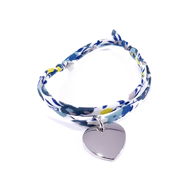 Bracelet tissu liberty mimosa et médaille acier cœur à personnaliser