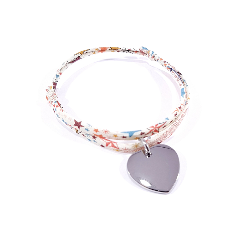 Bracelet tissu liberty multicolore  et médaille acier cœur personnalisable