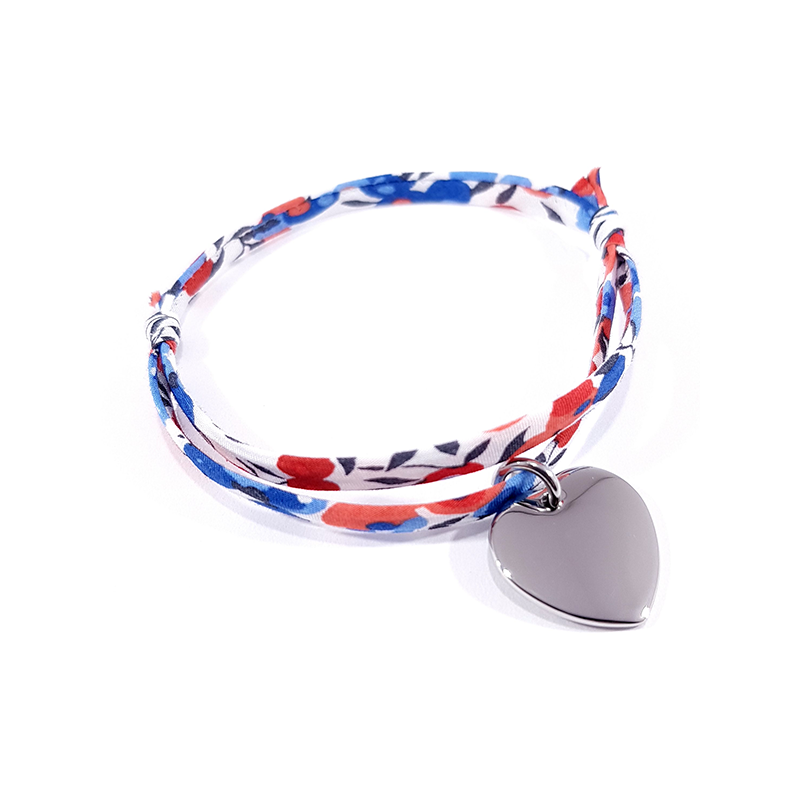 bracelet tissu liberty Marianne avec médaille cœur en acier à personnaliser