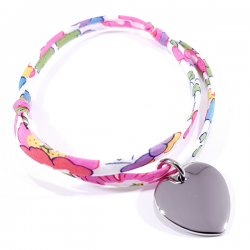 Bracelet tissu liberty fuchsia coloré et médaille acier cœur personnalisé