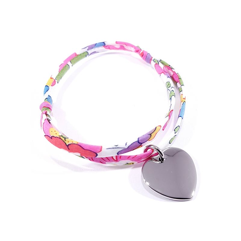 Bracelet tissu liberty fuchsia coloré et médaille acier cœur personnalisé