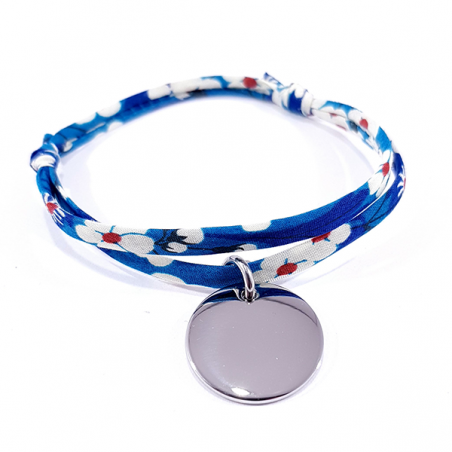 Bracelet tissu liberty couleur bleu outremer et médaille acier cœur à graver