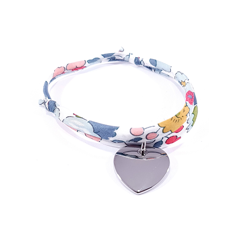 Bracelet tissu liberty personnalisé motifs fleurs colorées avec médaille acier cœur personnalisable