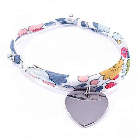 Bracelet tissu liberty personnalisé motifs fleurs colorées avec médaille acier cœur personnalisable