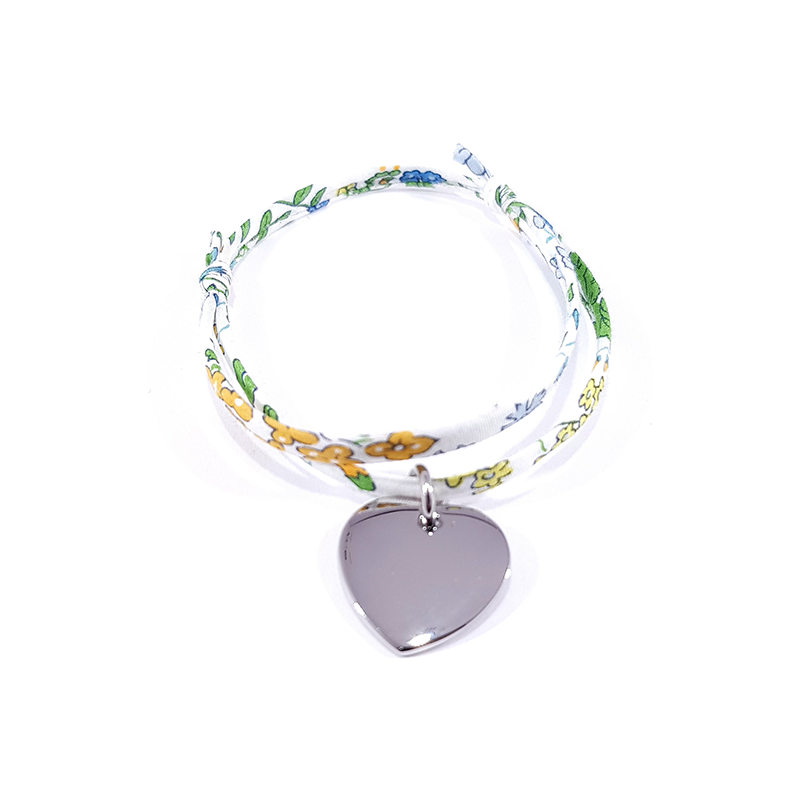 Bracelet tissu liberty fleurs de capucine et médaille acier cœur  personnalisé