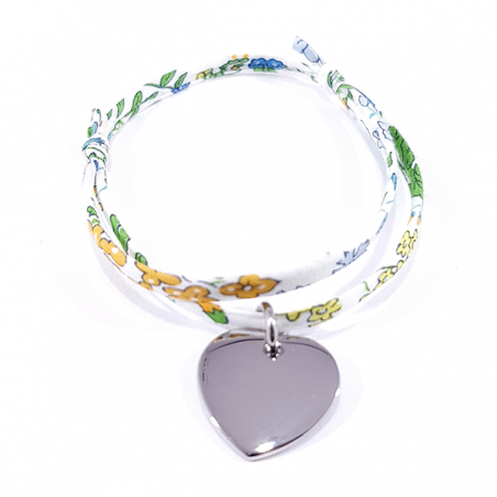 Bracelet tissu liberty fleurs de capucine et médaille acier cœur  personnalisé