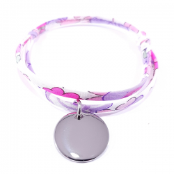 Bracelet tissu liberty fluo lilas et médaille acier ronde à personnaliser