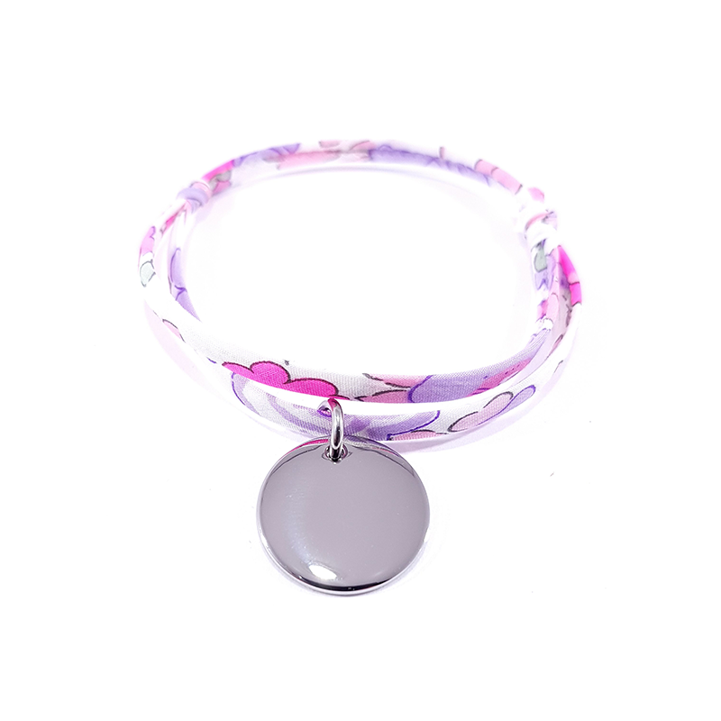 Bracelet tissu liberty fluo lilas et médaille acier ronde à personnaliser