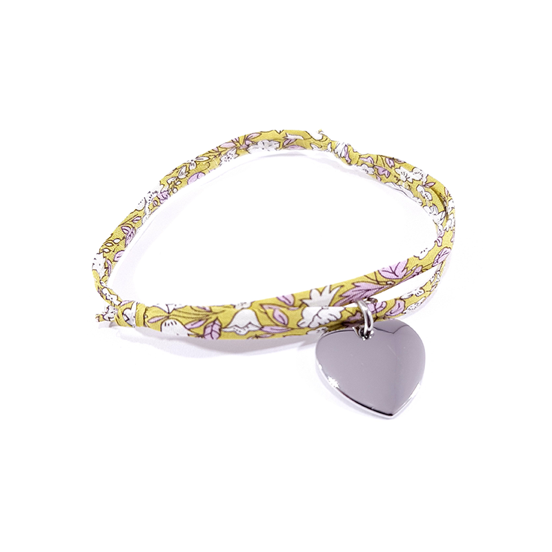 Bracelet tissu liberty daisy et médaille acier cœur à personnaliser