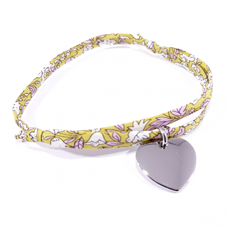 Bracelet tissu liberty daisy et médaille acier cœur à personnaliser