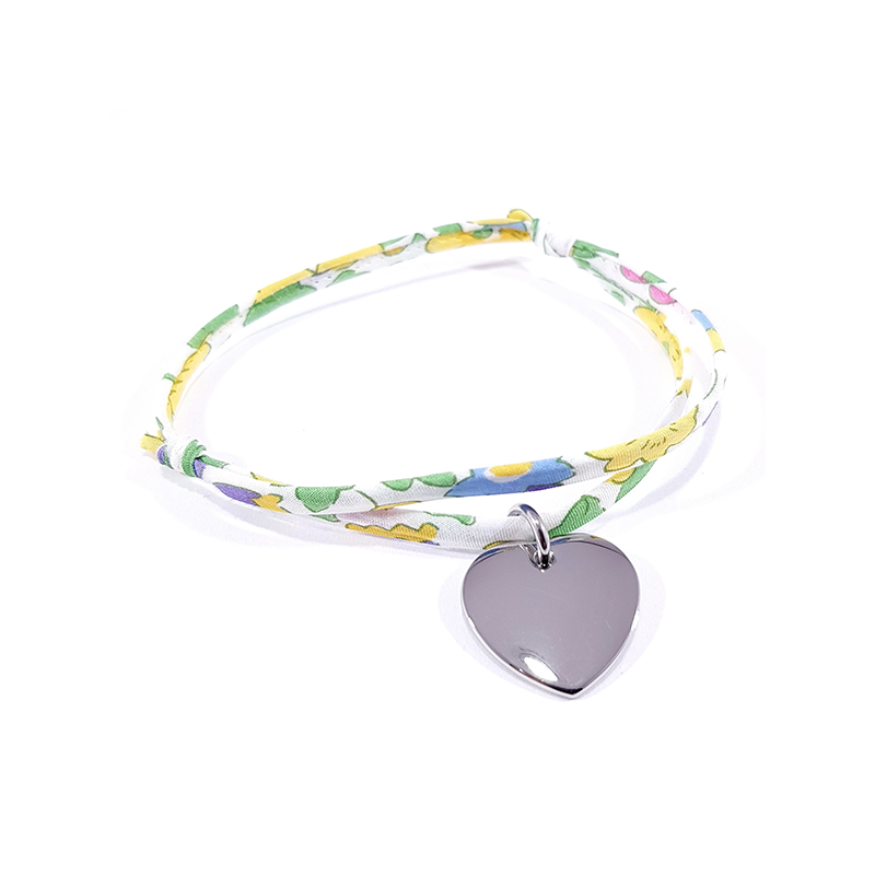 Bracelet tissu liberty betsy mimosa et médaille acier cœur à personnaliser