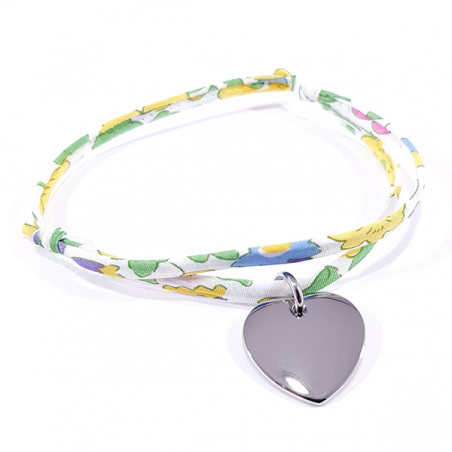 Bracelet tissu liberty betsy mimosa et médaille acier cœur à personnaliser