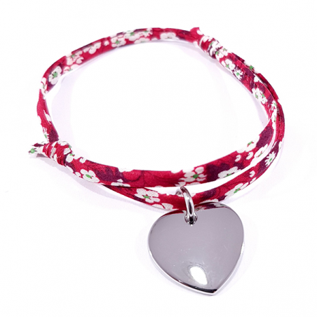 Bracelet tissu liberty fraise des bois et médaille acier cœur à personnaliser