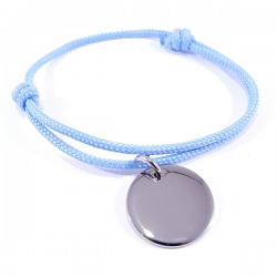 Bracelet cordon bleu bébé médaille acier ronde à personnaliser.