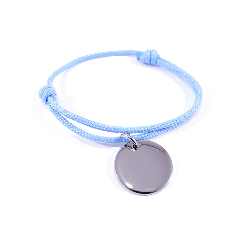 Bracelet cordon bleu bébé médaille acier ronde à personnaliser.