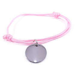 Bracelet cordon rose bonbon médaille acier ronde à personnaliser.