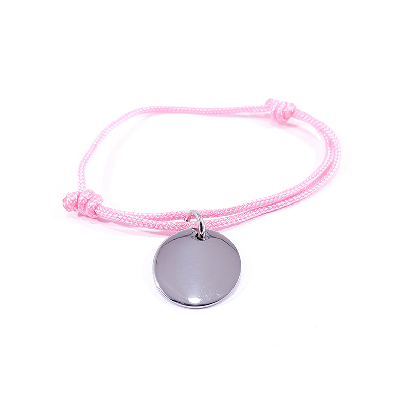 Bracelet cordon rose bonbon médaille acier ronde à personnaliser.