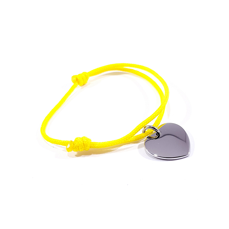 Bracelet cordon jaune canari médaille acier cœur à personnaliser.