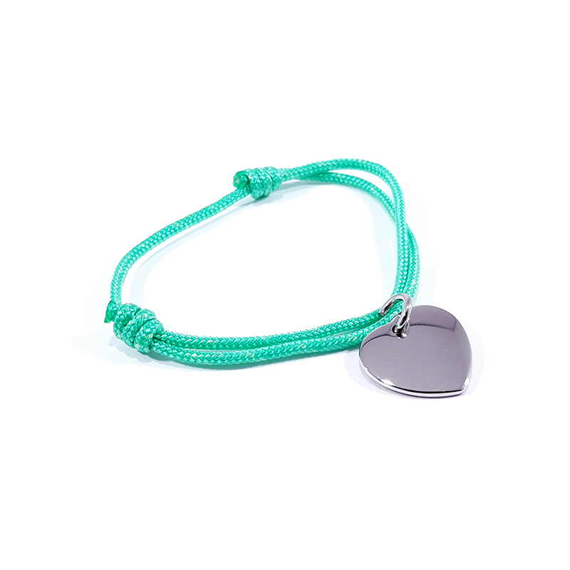 Bracelet cordon vert menthe glacée médaille acier cœur à personnaliser.