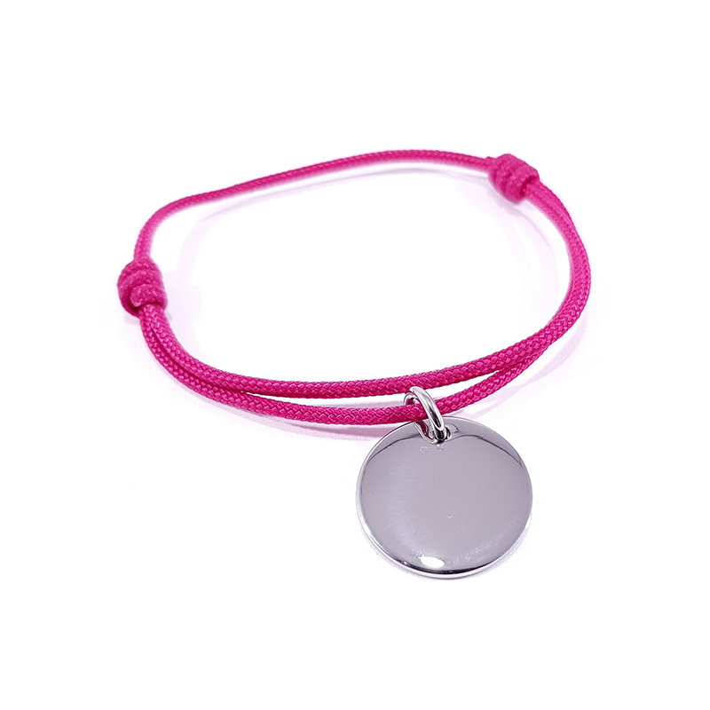 Bracelet cordon fuchsia médaille acier ronde à personnaliser.