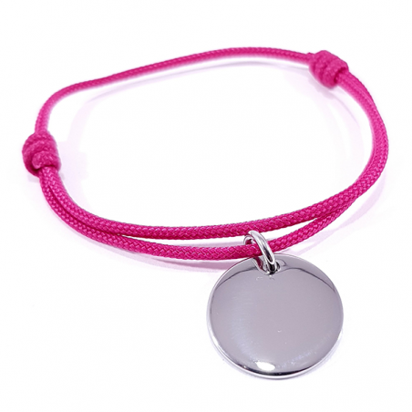 Bracelet cordon fuchsia médaille acier ronde à personnaliser.